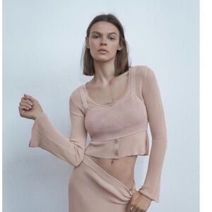 Ribbed Knit Top and Cardigan Set in Pale Pink